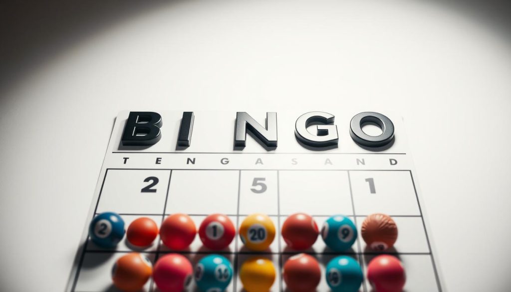 A brightly lit, high-angle view of a classic bingo card or "brickan" against a clean, neutral background. The card features the iconic "B-I-N-G-O" letters across the top, with each column filled with detailed, textured bingo balls in a range of vibrant, saturated hues. The overall composition has a sense of order and symmetry, reflecting the structured, time-honored nature of the bingo game. The lighting creates deep shadows and highlights the tactile, almost three-dimensional quality of the bingo balls and card surface. The mood is one of anticipation and playfulness, inviting the viewer to imagine the excitement of a bingo session. En variantbingotabell
