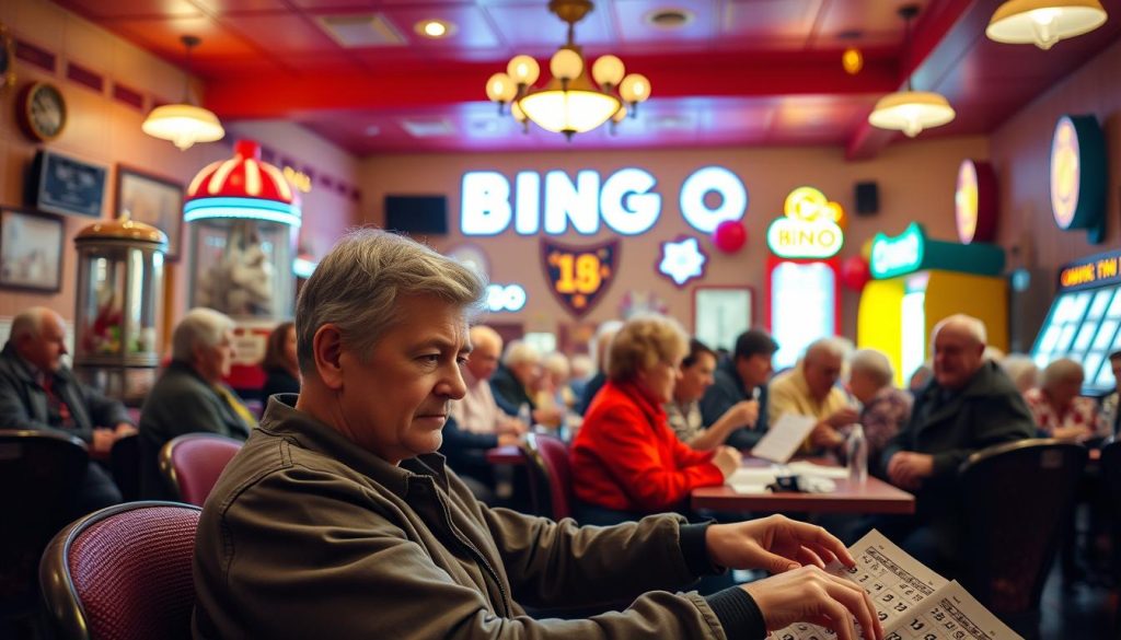 A cozy bingo hall with warm lighting and a welcoming atmosphere. In the foreground, a player sits intently, their gaze focused on the bingo cards before them, their fingers poised to mark the next number called. The middle ground is filled with other players, each with their own unique style and expression, creating a lively and engaging scene. The background features the classic bingo paraphernalia - the bingo ball cage, the number display, and the vibrant, retro-inspired decor that sets the mood for an evening of chance and camaraderie. The overall composition conveys the excitement and anticipation of the bingo experience, inviting the viewer to imagine themselves immersed in the game. En man spelar variantbingo