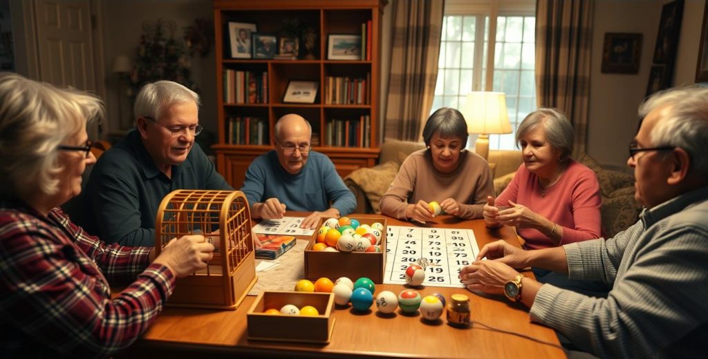 Vibrant and dynamic casino-themed image showcasing the allure of variantbingo. Set in a modern gaming parlor, the scene depicts a large, high-definition display board featuring a variety of bingo variants, each with its own unique visuals and gameplay mechanics. The foreground features players engrossed in the action, their faces lit by the warm glow of the display. The middle ground showcases an array of sleek, state-of-the-art bingo terminals, while the background features a stylish, contemporary interior design with bold colors and geometric patterns. Lighting is atmospheric, with a mix of soft, diffused illumination and strategic spotlighting to highlight the key elements. The overall mood is one of excitement, anticipation, and the thrill of the gaming experience. Personer som spelar bingospel