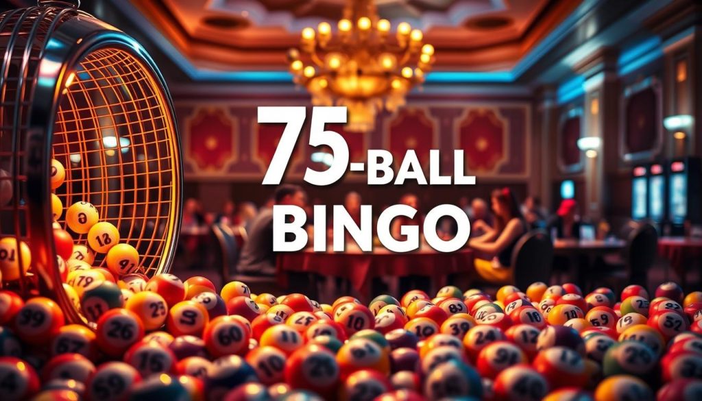 A vibrant and engaging image of 75-ball bingo, with a striking visual representation of the game. A large, circular bingo cage dominates the foreground, its metallic surface gleaming under warm, theatrical lighting. Surrounding it, a field of colorful bingo balls spill out, each with its own unique number, cascading across the scene. In the middle ground, a group of enthusiastic bingo players sit at a table, their faces alight with anticipation as they mark their cards. The background is a softly blurred, elegantly decorated bingo hall, evoking a sense of excitement and community. The overall composition conveys the classic thrill and social atmosphere of the 75-ball bingo experience. 75-ball bingo