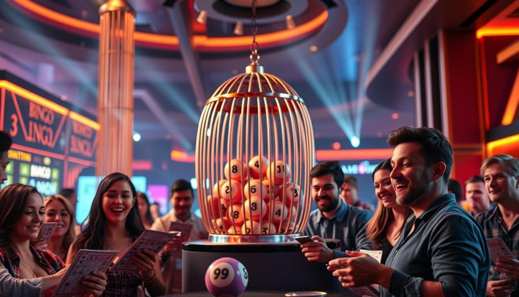 A beautifully lit and detailed still-life image showcasing an assortment of classic bingo game accessories. In the foreground, an array of vibrant, textured bingo cards in a range of colors and patterns, alongside a set of smooth, polished wooden bingo markers. In the middle ground, a vintage-style bingo cage and ball dispenser, their metallic surfaces reflecting the warm lighting. In the background, a soft, muted palette of complementary hues, suggesting a cozy, inviting atmosphere perfect for an evening of bingo. The composition is balanced and visually striking, capturing the essence of the game's timeless appeal and the joy of the bingo hall experience. bingospel